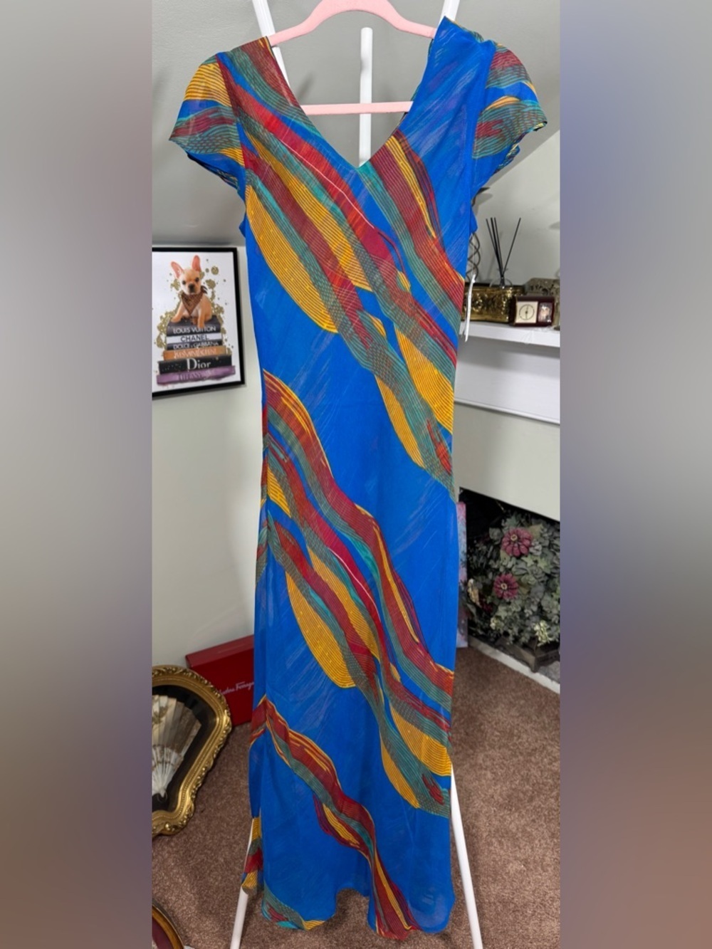 NWT Jasmine Reversible Multi Color Print Maxi Dress w/Cap Sleeve Detail V-neck